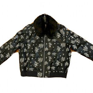 Michael Kors Womens Embroidered Bomber Jacket w/detachable faux fur collar NWT